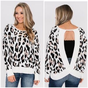 Miracle Plaza Party Leopard Cheetah Ivory Open Back Crew Neck Sweater! Size M/L.